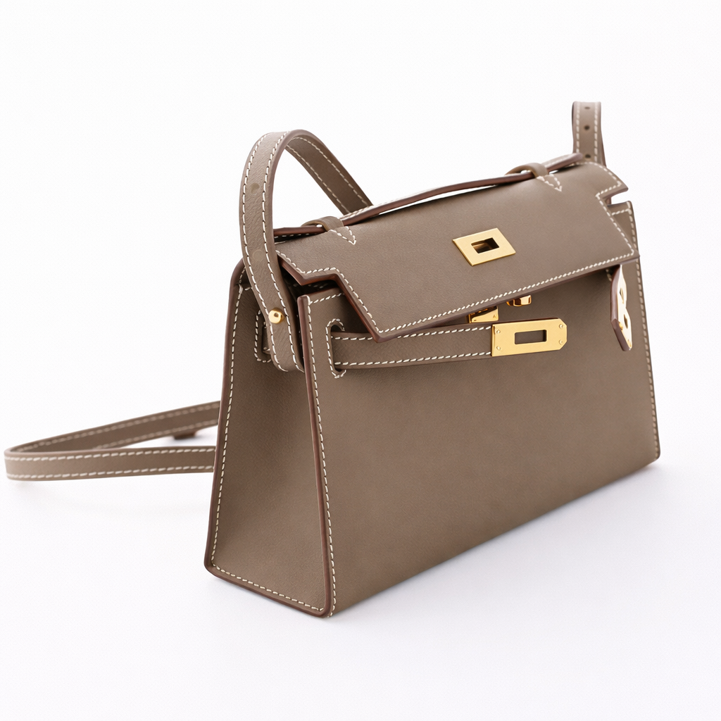 Leather strap of Hermès Kelly Pochette for hands-free strap attachment in Hermès Etoupe colour