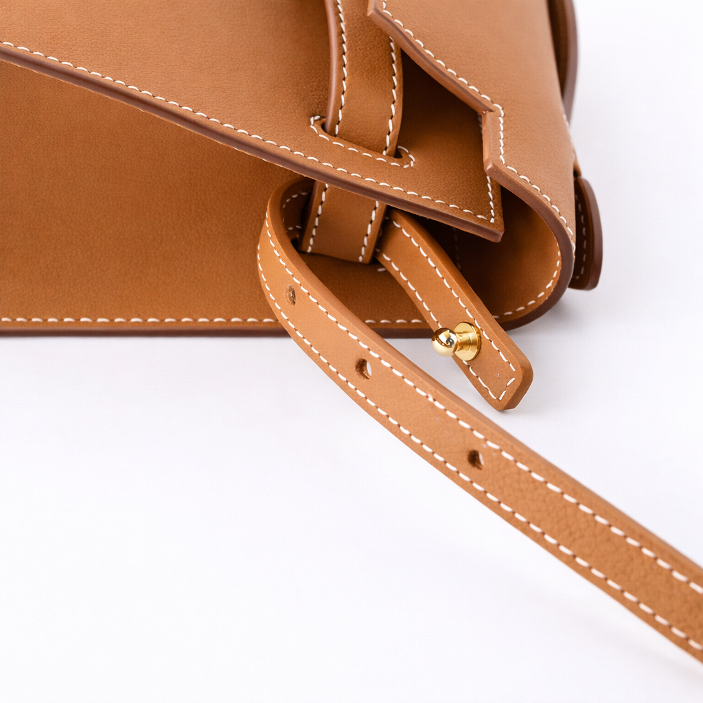 Leather insert inside Hermès Kelly Pochette for hands-free strap attachment in Hermès Gold colour